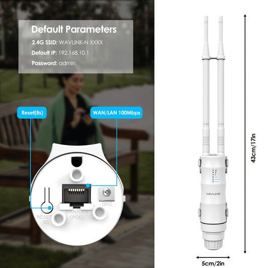 WAVLINK N300 Outdoor PoE WiFi Access Point 300Mbps - 2x7dBi Antennas 150m Range, AP Router Repeater 4-in-1 Modes, WAN/LAN Port, 32 Devices, for Factory Campus Hotel Community Street