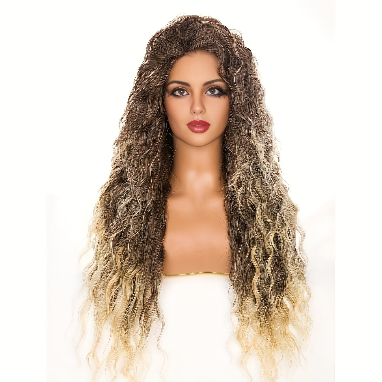 Synthetic Wig 30-Inch Long Curly Waves with Dark Roots, Middle Part and Three Ombre Colors