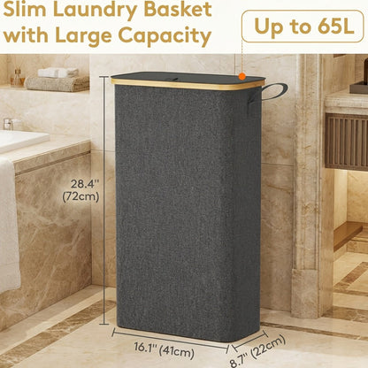 Slim Laundry Hamper with Lid & Removable Bag – Foldable Narrow Clothes Basket with Bamboo Handles for Bathroom, Bedroom & Dorm – 50L / 65L / 75L Space-Saving Collapsible Laundry Bin