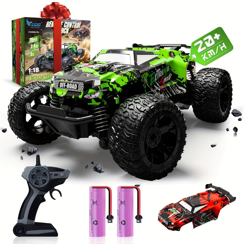 RC Monster Truck 4WD Green Off-Road Style Vehicle with LED Details, 2.4G Remote Controller and Treaded Tires