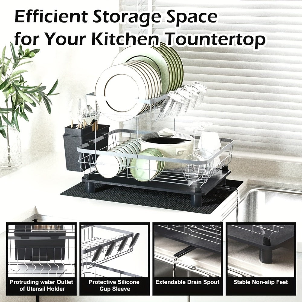Dish Drying Rack Kitchen Organizer with Two Tiers, Drain Board, Utensil Cup and Three Color Options