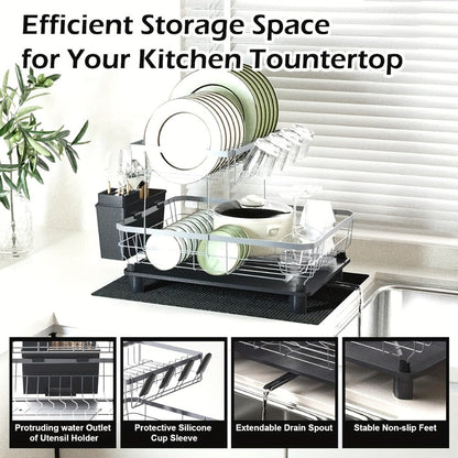 Dish Drying Rack Kitchen Organizer with Two Tiers, Drain Board, Utensil Cup and Three Color Options