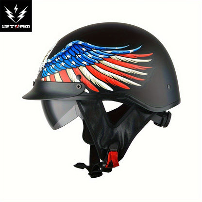 Motorcycle Half Face Helmet – Retractable Smoked Visor, Adjustable Inner Visor, Lightweight Aerodynamic Design, Goggle Compatible, Sizes S–XL