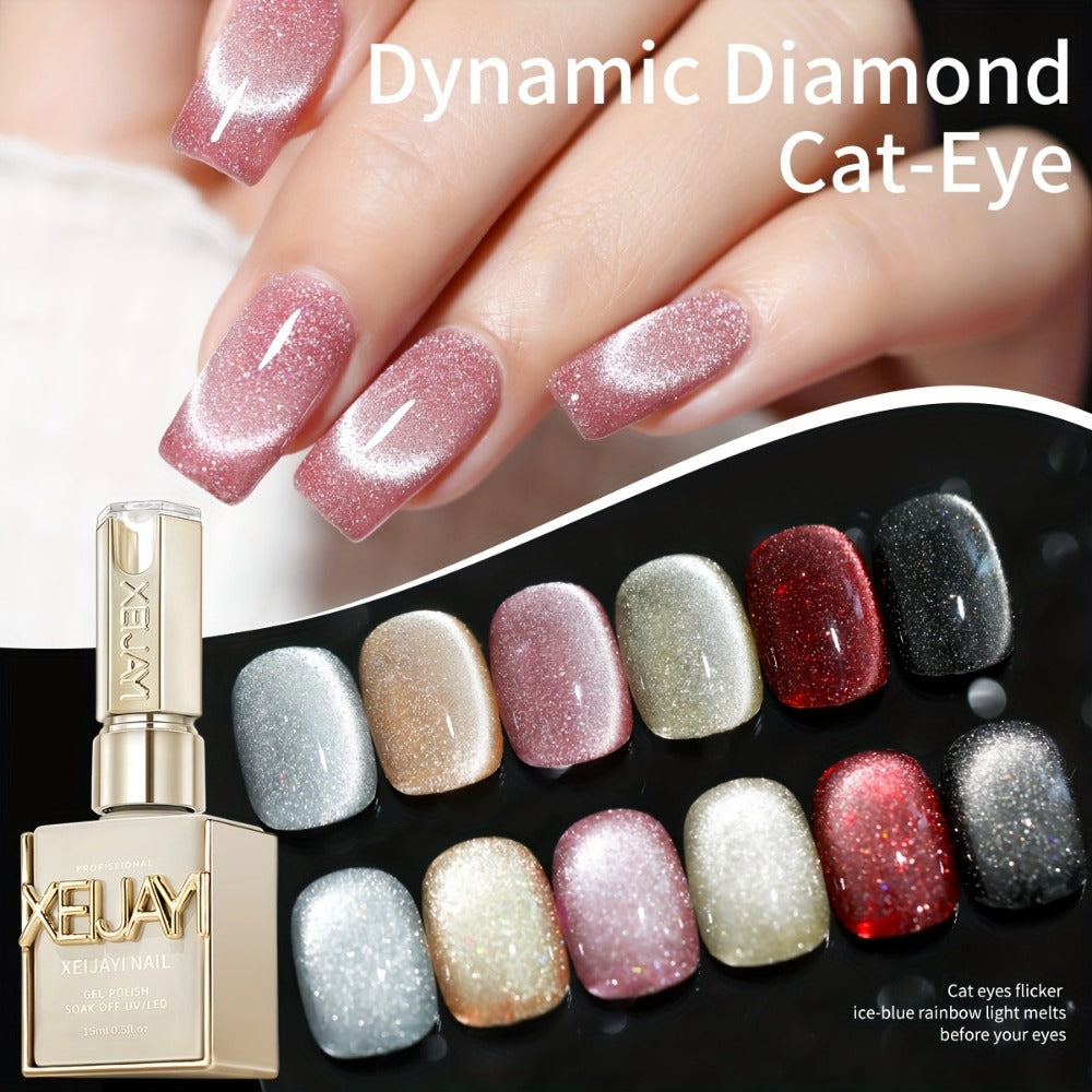 Cat Eye Magnetic Gel Nail Polish Set 6 Colors - Sparkling Stars Dynamic Rhinestone UV LED Soak Off Long Lasting Photo Frame Bottle Nail Art Kit for Women Home Salon