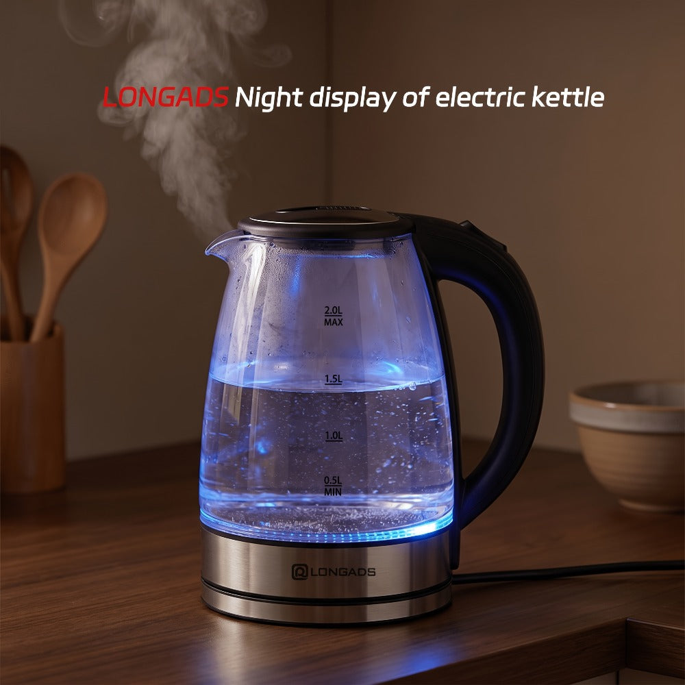 Glass Electric Kettle 2L Large Capacity – 1000W Fast Boil, Anti-Dry Burn Protection, See-Through Design for Coffee Milk Tea, Kitchen Dining Room Living Room Use, 67.63oz