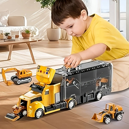 Vehicle Carrier Playset in Dinosaur Car or Construction Truck Style with Mini Vehicles and Storage
