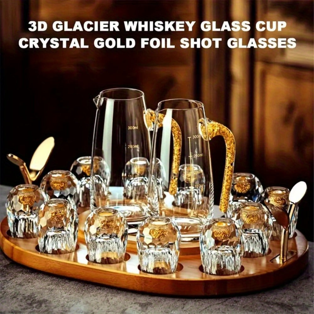 24K Gold Plated Crystal Wine Set – 1 Decanter & 6 Cups with Leakproof Crystal Glasses – Elegant Black Gift Box – Luxury Home Bar, Wedding & Party Gift for Wine Lovers