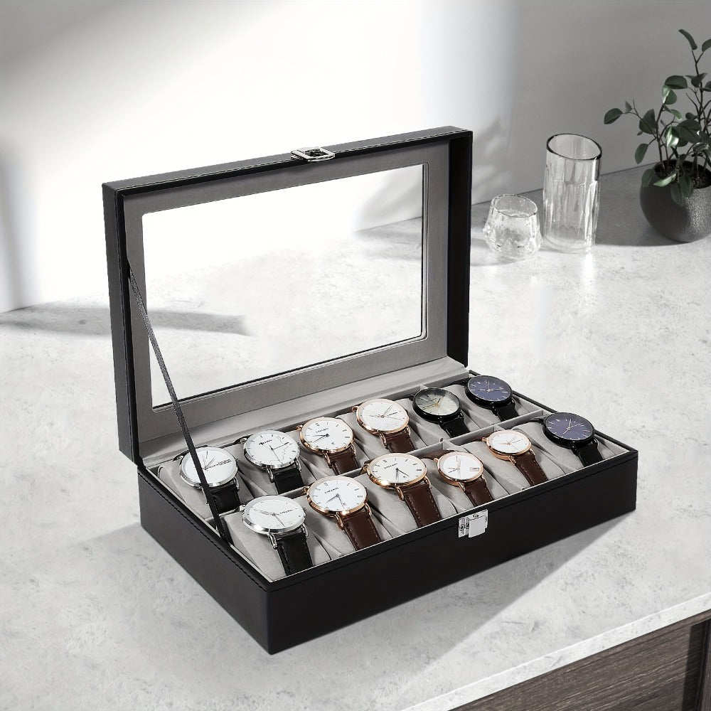Black and Gray 12-Slot Watch Box with Glass Display Lid, Removable Pillows and Metal Clasp