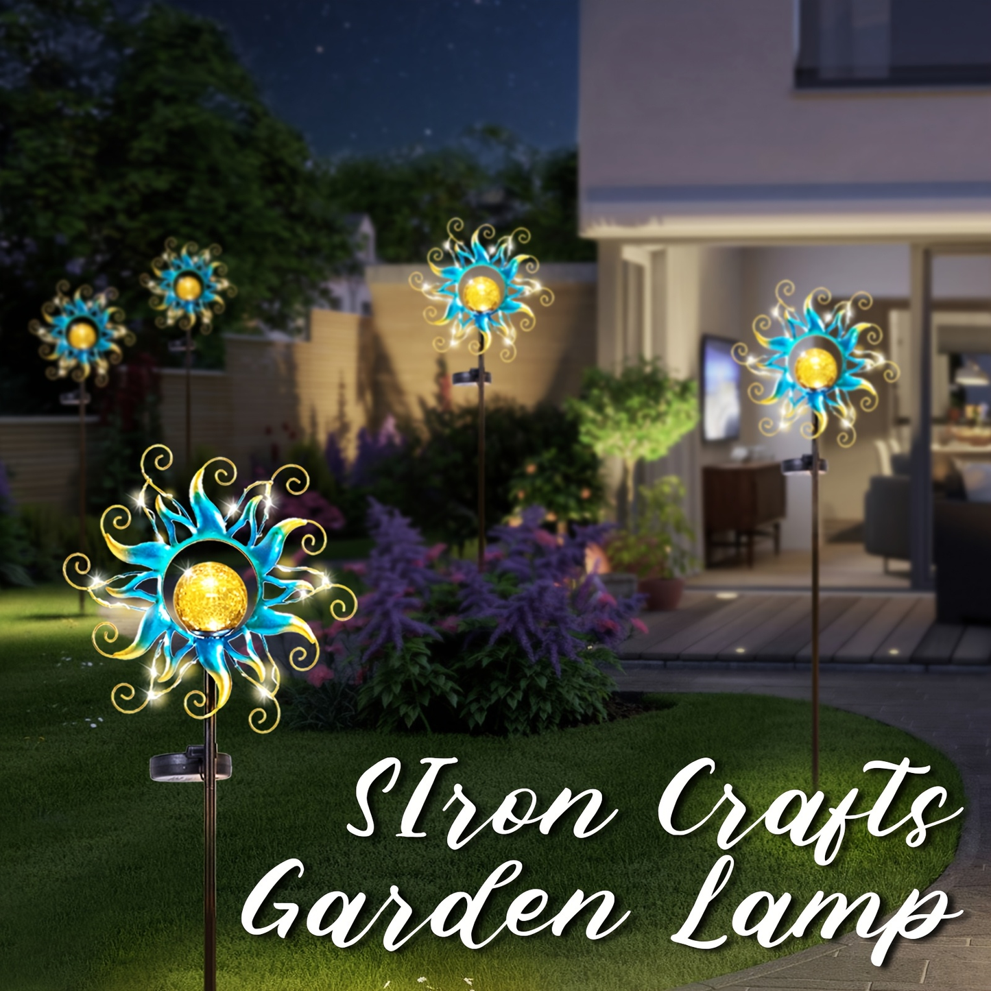 Solar Garden Lights Blue Sun-Shaped LED Stake, IPX4 Rated with Separate Solar Panel for Path Decor
