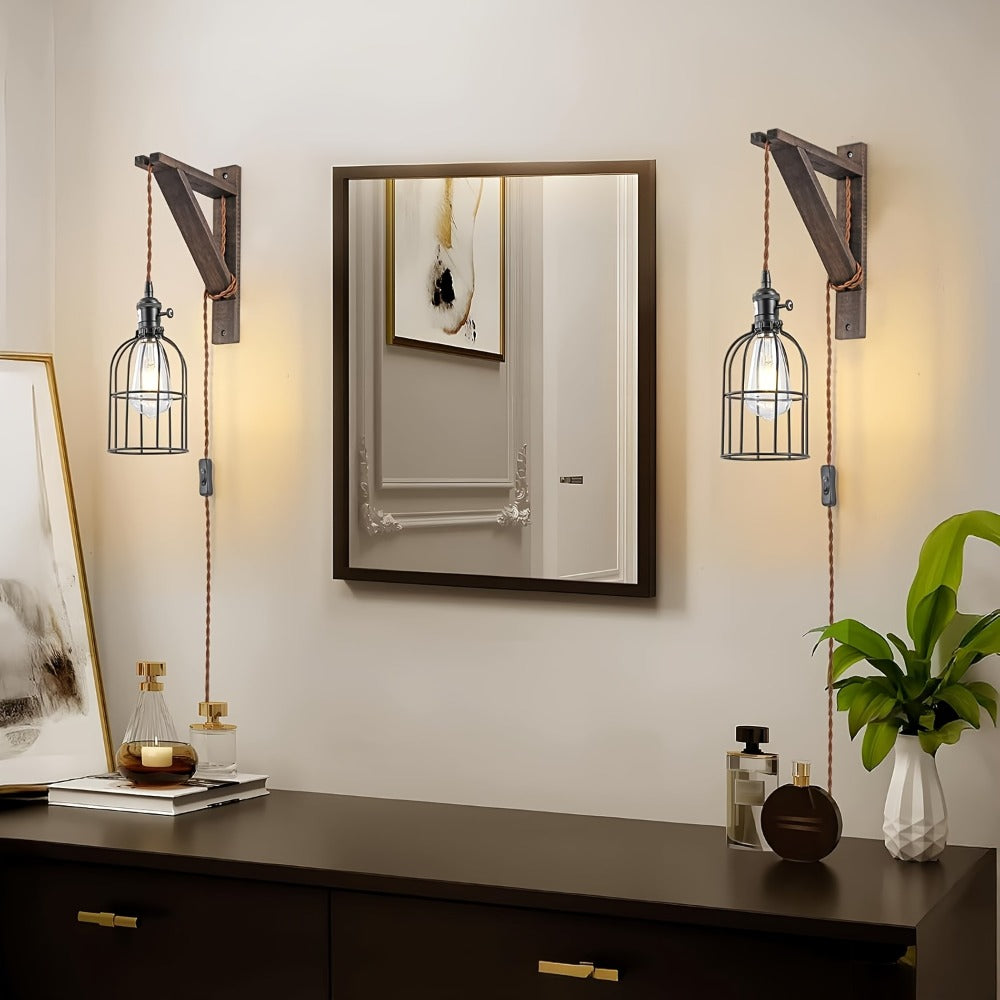 Plug-In Cage Wall Sconce with Wooden Bracket, 250 cm Cord and Single or Two-Piece Farmhouse Options