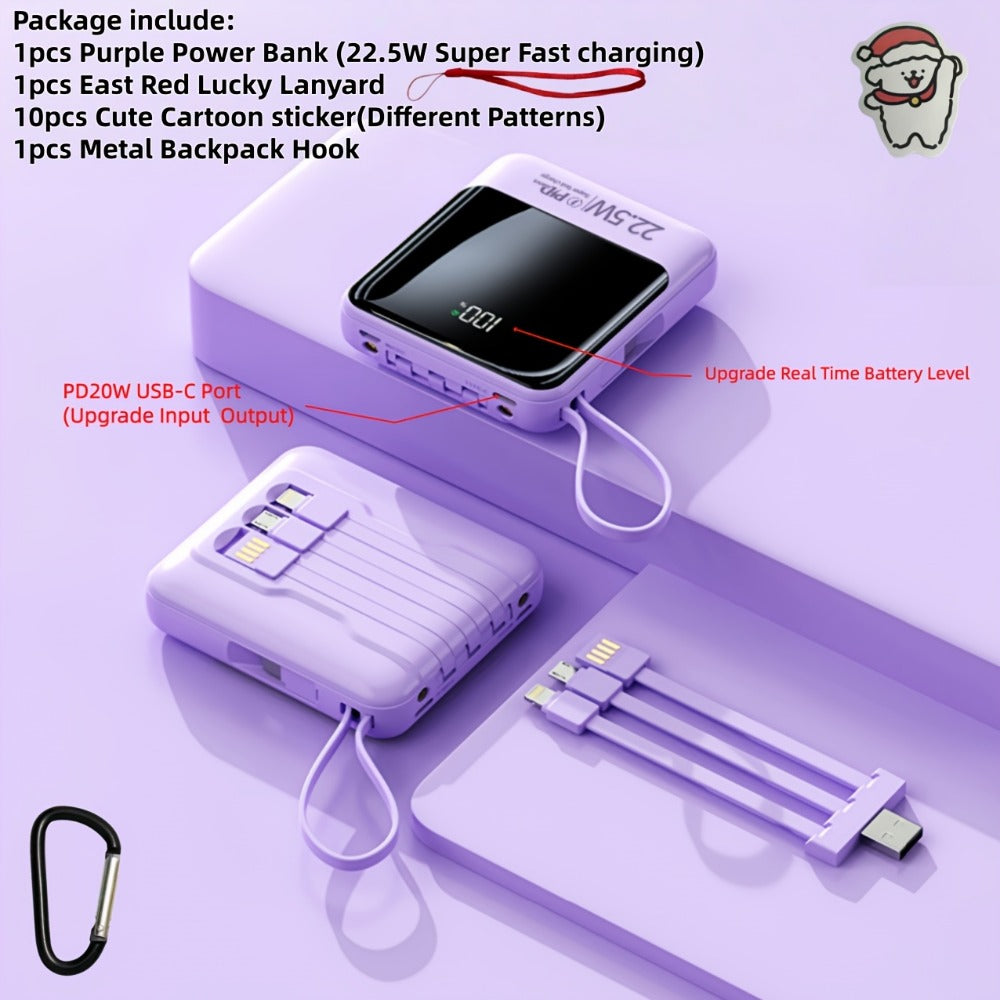 Power Bank 10000mAh with Built-In Cable Set, 5W/15W/22.5W Variants, Display and Lanyard for Travel