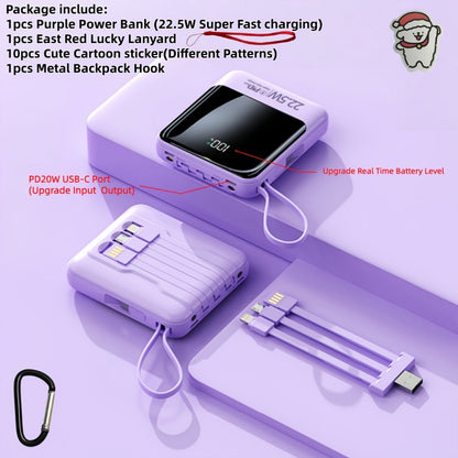 Power Bank 10000mAh with Built-In Cable Set, 5W/15W/22.5W Variants, Display and Lanyard for Travel