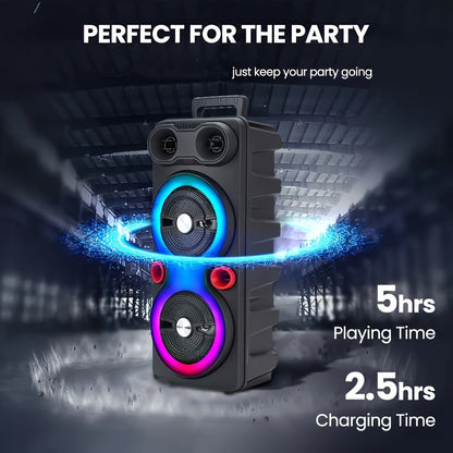 Dual 8.5-Inch Portable Party Speaker with RGB Lights, Bluetooth, TWS, FM, USB and Built-In Microphone