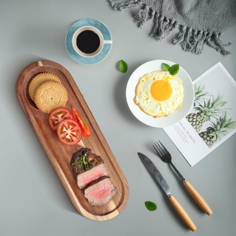 Wood Serving Tray Set with Eight Oval Trays or Four Rectangular Trays and Raised Edge Design