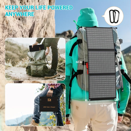 Portable Solar Panel Charger 30W 60W 100W Foldable Camping Solar Charger with 18V MC4 Dual USB-A QC3.0 USB-C PD18W Ports for Camping RV Hiking Outdoor Power Bank Charging