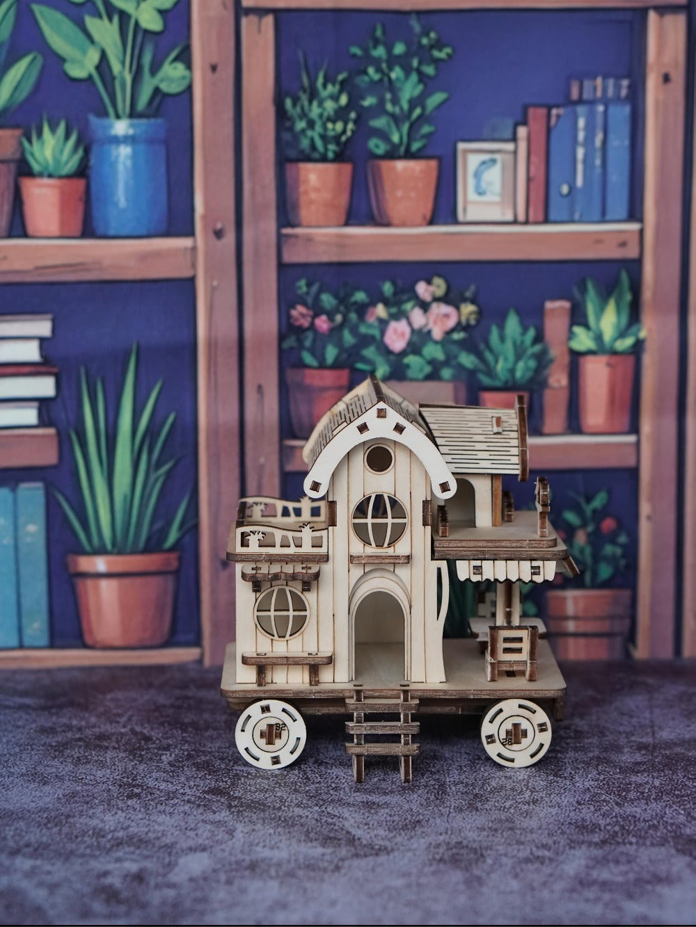 3D Wooden Mobile Home Puzzle Model Kit with Café Bar Details, 11 x 6 x 12 cm Finished Display