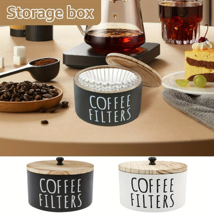 Wooden Coffee Filter Holder with Lid – Large Capacity Rustic Round Organizer Dispenser for Coffee Filters & Tea Bags, Bamboo Lid, Kitchen Countertop Coffee Bar Decor