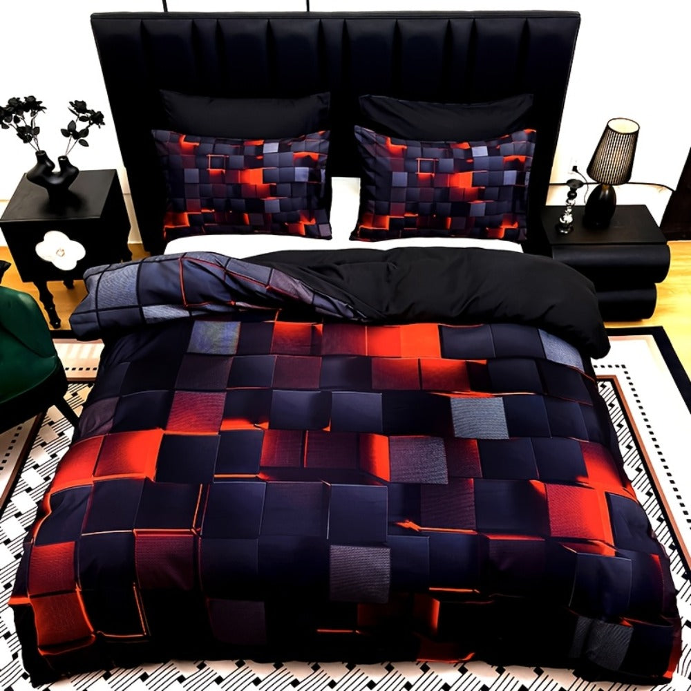 Three-Piece Plaid Duvet Cover Set with Two Pillowcases in Five Colors and Four Bed Sizes for Home and Everyday Use