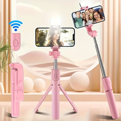 27.16-Inch Compact Selfie Stick Tripod with Integrated Light, Rotating Clamp, Remote and Two Colors
