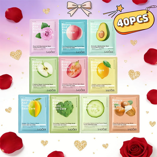 Rose & Fruit Essence Sheet Mask Set 40 Pack – Moisturizing Brightening Face Masks for Dry Dull Skin, Hydrating Skincare Gift for Women, All Skin Types