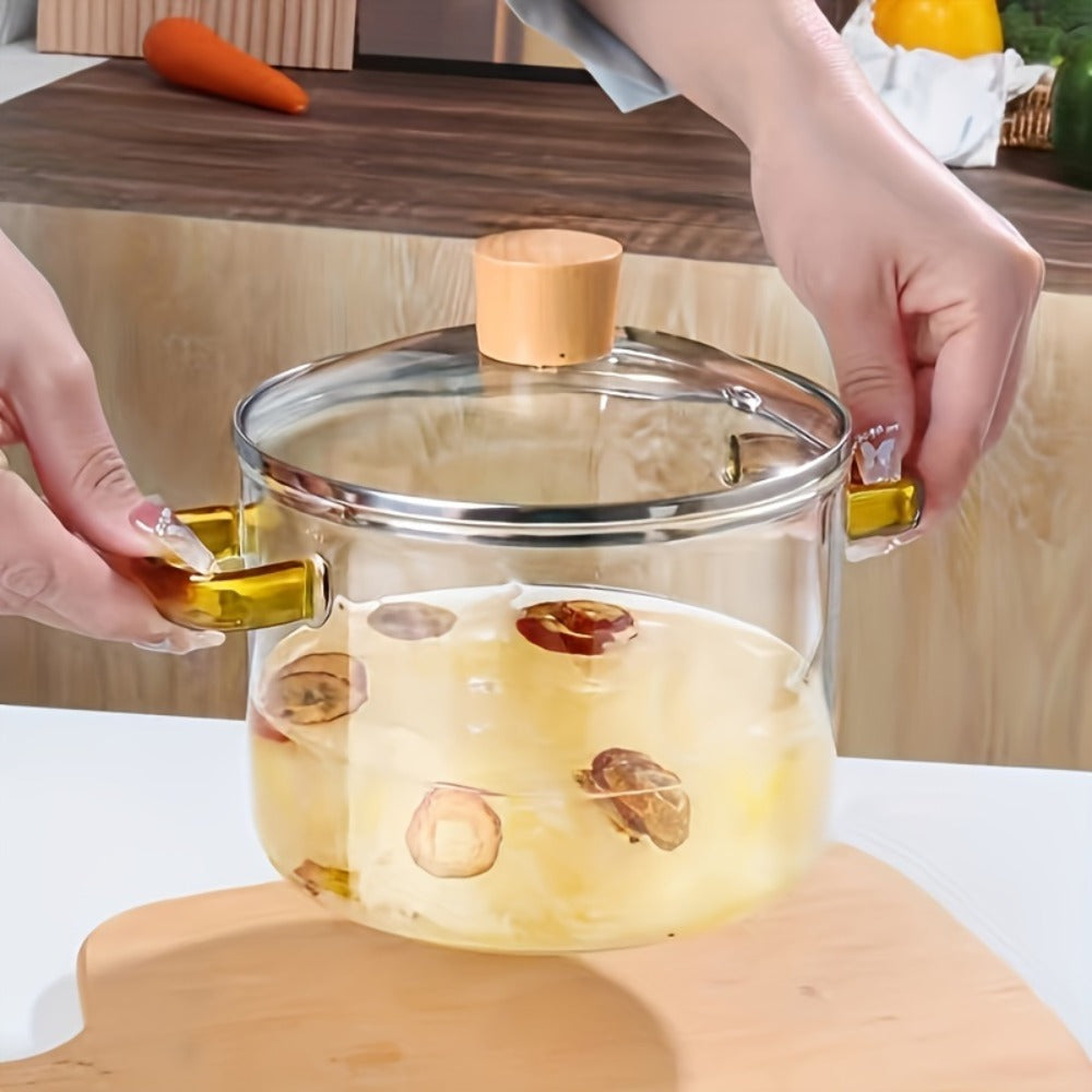 Borosilicate Glass Pot with Lid 50oz Stovetop & Microwave Safe – Double Heat-Resistant Handles for Soup, Milk & Porridge | Transparent Glass Saucepan Kitchen Cooker with Yellow or Green Handle