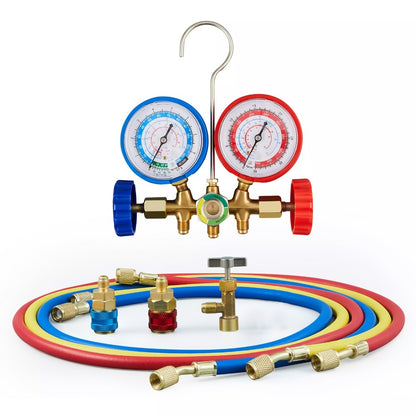 AC Manifold Gauge Set 3-Way with Color-Coded Hoses & Adapters for R134A R22 R12 R404A - HVAC Diagnostics A/C Recharge Leak Detection 0-500 PSI