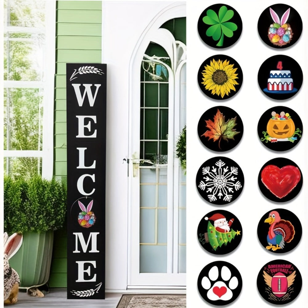 Seasonal Welcome Porch Sign with 12 Interchangeable Icons, 47-Inch Leaner Board in Six Color Options