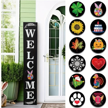 Seasonal Welcome Porch Sign with 12 Interchangeable Icons, 47-Inch Leaner Board in Six Color Options