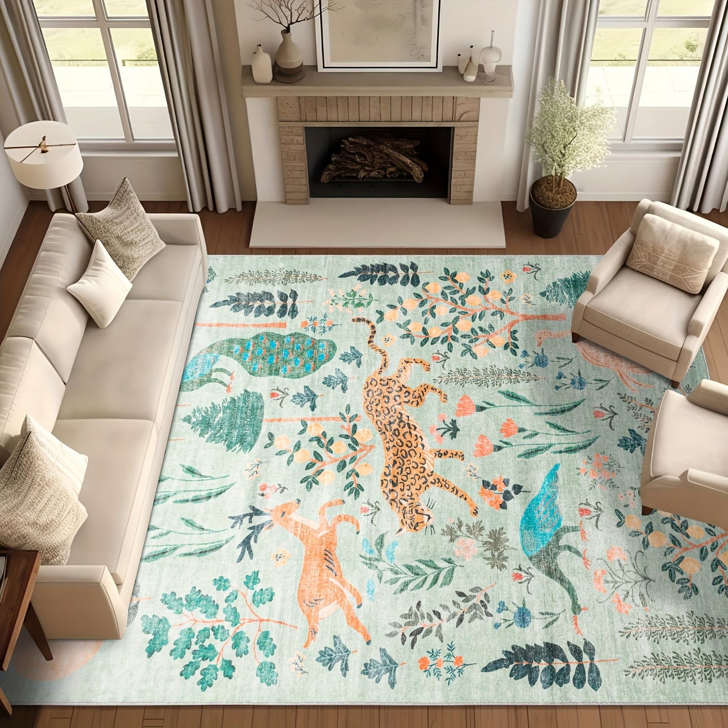 Area Rug, Jungle Animal and Tiger Print Indoor Carpet in Black, Green or Pink with Four Room-Size Options