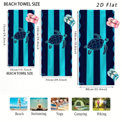 Sea Turtle Beach Towel, Blue Striped Nautical Print, Soft Absorbent Microfiber, Stylized Wave Pattern, Ideal for Beach Trips, Pool Days & Summer Vacations, Lightweight Coastal Design