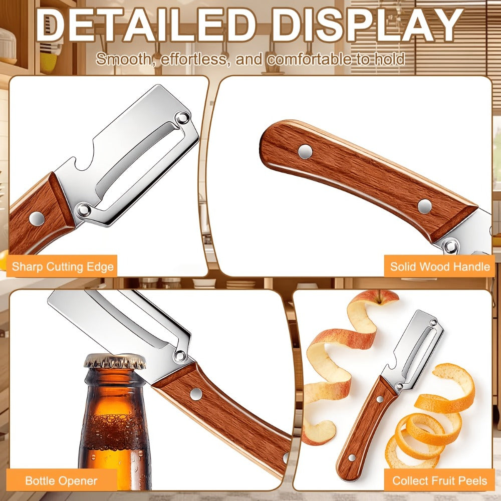 Two-Piece Zhoshuai Vegetable Peeler Set with Wood Handles, Scallion Comb and Bottle-Opening Cutout