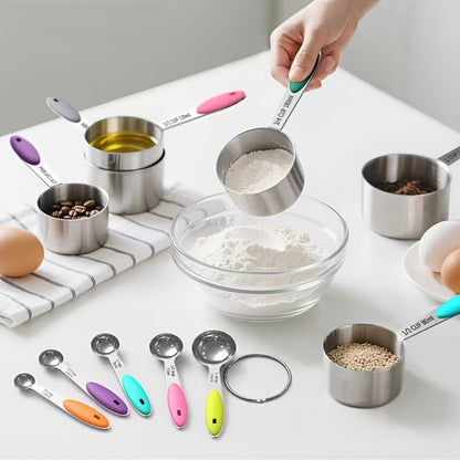 Measuring Cups and Spoons Set 10-Piece Stainless Steel with Silicone Handle, Precise Baking & Cooking Measurement Tools