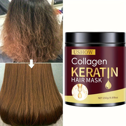 USHOW 250g Collagen and Keratin Hair Mask in Round Jar with Black Screw-Top Lid and Gold-Trim Label