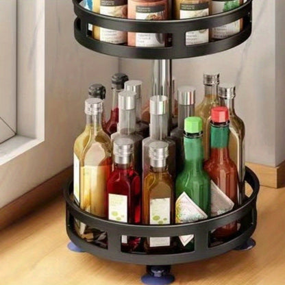 Three-Tier Rotating Spice Rack in Black or White with Circular Shelves and Tall Bottle Storage