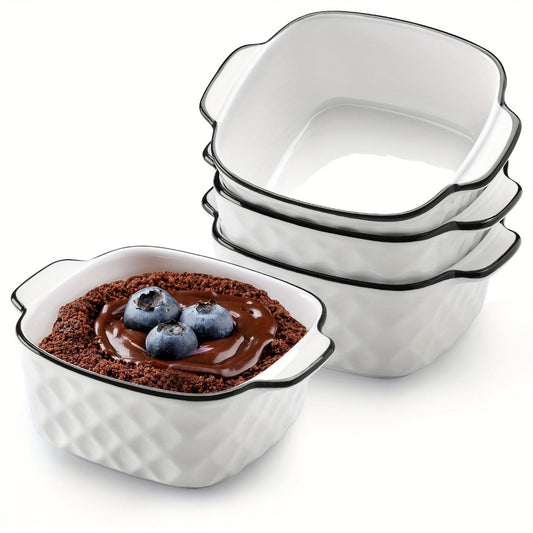 Ceramic Baking Dish Set 4-Piece, 13oz Small Square Ceramic Casserole Dishes with Handles, Diamond Design Oven & Microwave Safe Bakeware, 5.7x4.5x2.2 Inch Air Fryer Ceramic Dishes for Individual Servings