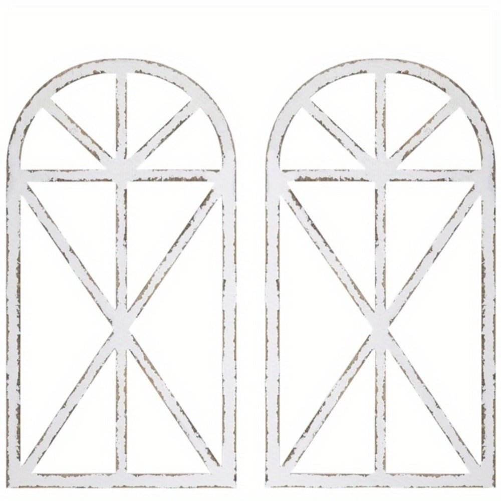 Distressed Wood Window Frame Wall Decor, Two-Piece Set in Rectangular or Arched Styles without Glass
