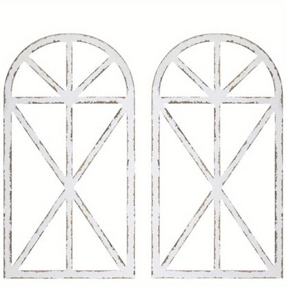 Distressed Wood Window Frame Wall Decor, Two-Piece Set in Rectangular or Arched Styles without Glass