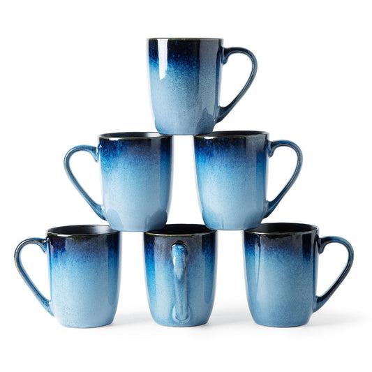Gradient Blue Ceramic Mugs Set of 6 – 14 Oz Reaction Glaze Coffee Mugs – Durable Stain-Resistant Unique Design – Perfect for Coffee, Tea & Gifting at Weddings, Parties & Holidays