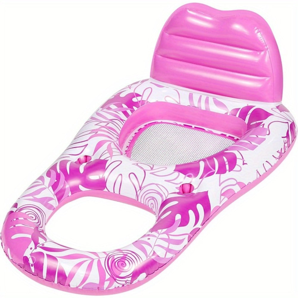 Pink Tropical Inflatable Pool Recliner Float, 60 x 36 x 24 Inches with Mesh Seat and Cup Holder