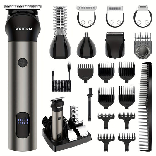 7-in-1 Hair Clipper Grooming Kit for Men Professional Cordless Barber Trimmer Set Beard Nose Body Hair USB Rechargeable 9 Guide Combs Self-Sharpening Blade Home Barber Kit Black