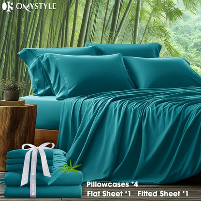 Bamboo Blend Bed Sheet Set 6pcs – Flat Sheet, Fitted Sheet & 4 Pillowcases, Ultra Soft Lyocell Viscose Breathable Bedding for Hot Sleepers, Deep Pocket Twin Full Queen King, 11 Colors