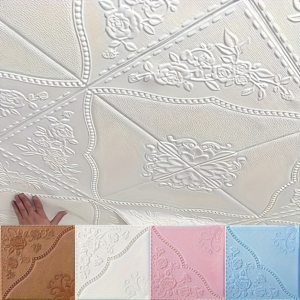 Fifty-Piece Embossed Floral-Curve Wall Tile Sticker Set with 35 cm Square Panels in Four Colors
