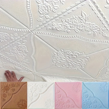 Fifty-Piece Embossed Floral-Curve Wall Tile Sticker Set with 35 cm Square Panels in Four Colors