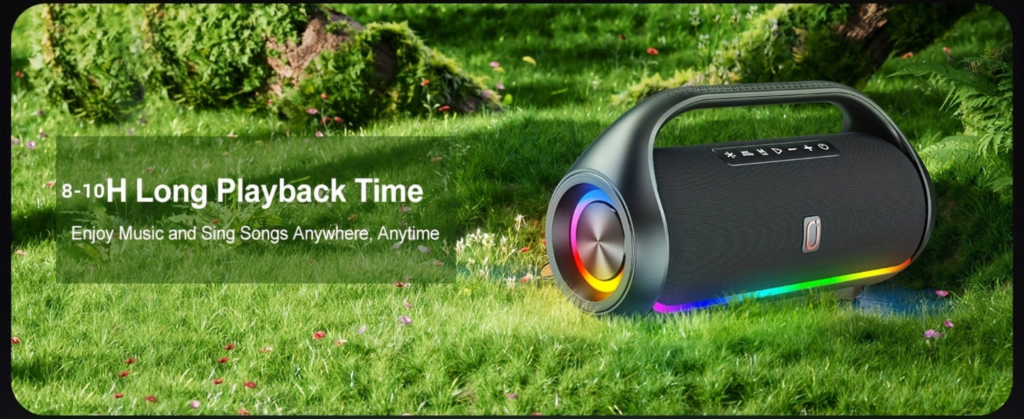 JYX D20 Portable Bluetooth Boombox Speaker with 3D Surround Sound, RGB Disco Lights, Deep Bass Boost, TWS Stereo, 8-10H Playtime, MicroSD USB AUX for Outdoor Party, Camping & Indoor Use