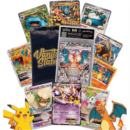 Pokemon Vanity Slab Mystery Bundle – Ultra Rare Hit Card in Display Case + 2 EX Cards + 10 Holo Cards | EX VMAX VSTAR Full Art Alternate Art | Premium Collector Gift for Kids & Fans