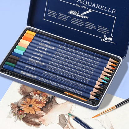 Water Soluble Colored Pencils 12 Colors Set – Triangular Barrel Watercolor Pencils for Kids Adults Artists Sketching Blending Drawing School Supplies Gift