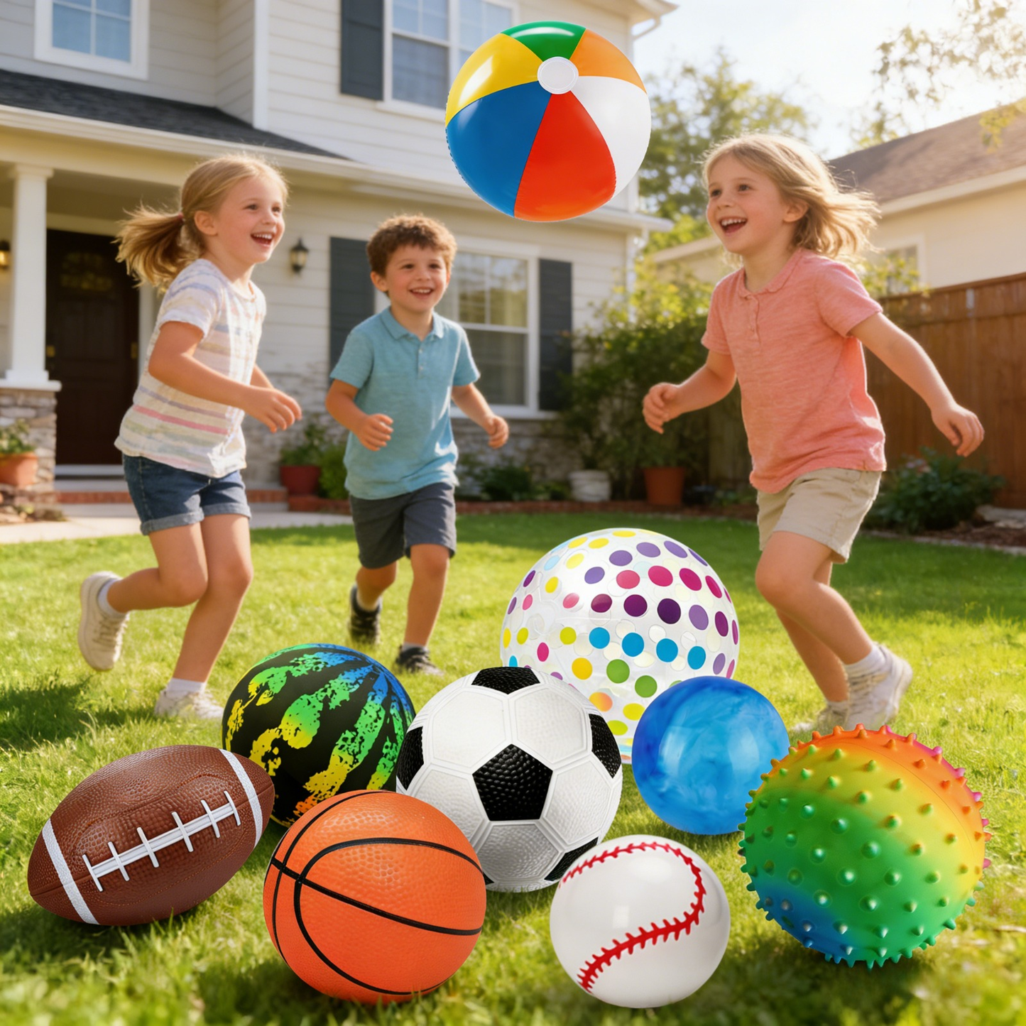 Nine-Piece Kids Playground Ball Set with Air Pump and Assorted Indoor or Outdoor Sports Ball Designs
