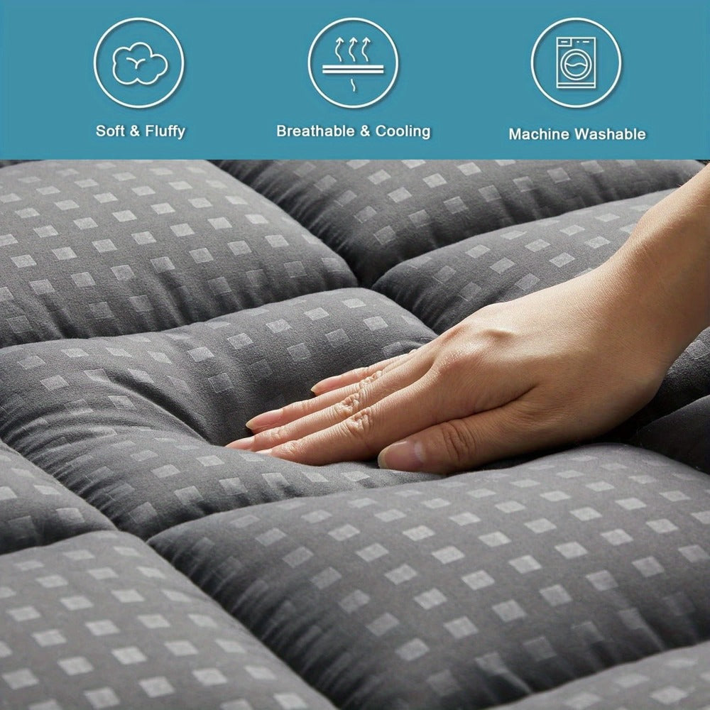 RV Queen Mattress Topper Quilted Pillow Top Mattress Pad Fitted Protector Cooling Breathable Fluffy Soft Cover with 8-21" Deep Pocket for RV Camper Trailer, Black
