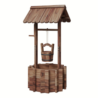 Wood Wishing-Well Garden Planter with Roof, Hanging Bucket, Octagonal Bed and Two Source Size Labels