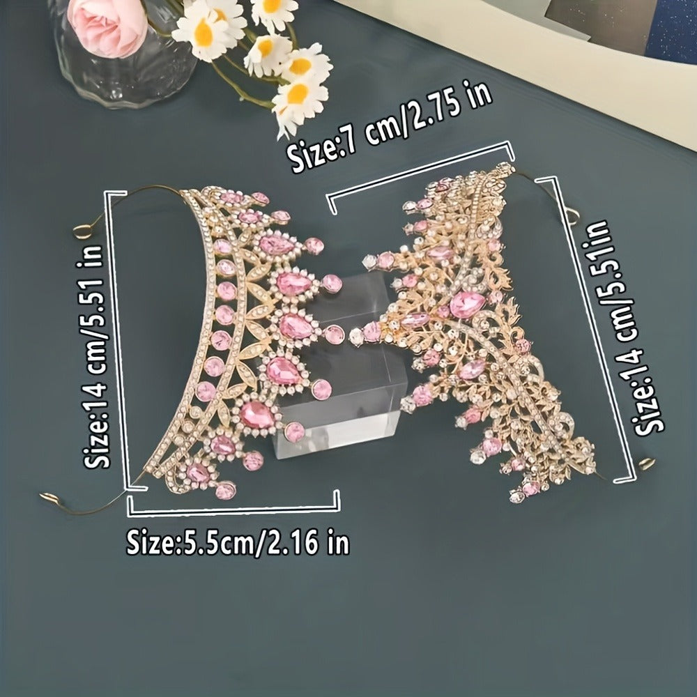Pink Crystal-Look Crown and Tiara Two-Piece Costume Headwear Set with Hair Combs for Dress-Up